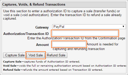 Picture of Manual Transactions Void PayPal Pro dialog