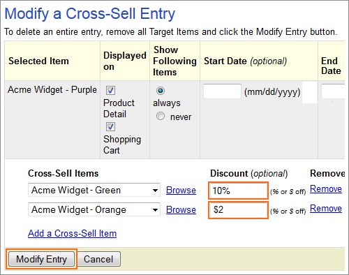 The Cross Sell Manager Modify Entries dialog.