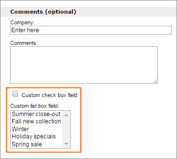 Examples of custom check box and custom list box fields.