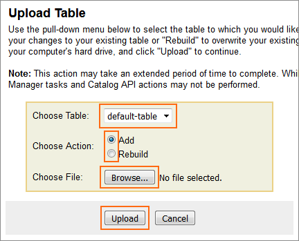 The Upload Table page