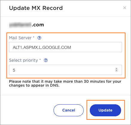 The Update MX Record dialog.