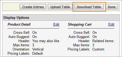 The Cross Sell Manager Download Table button.