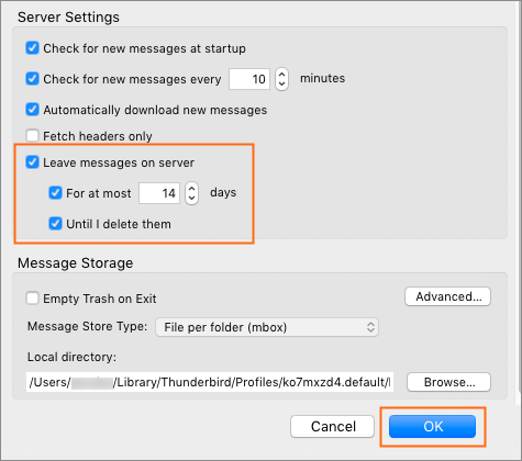 Thunderbird: Server Settings - Delete Mail from Server Options.